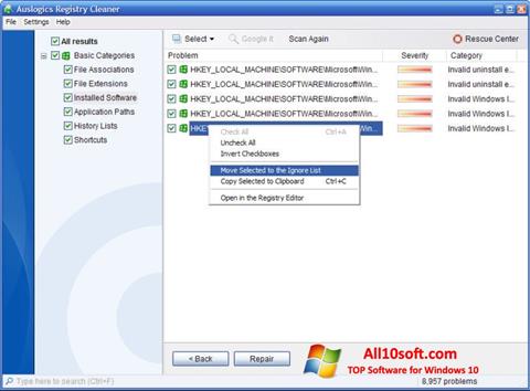 Ekraanipilt Auslogics Registry Cleaner Windows 10