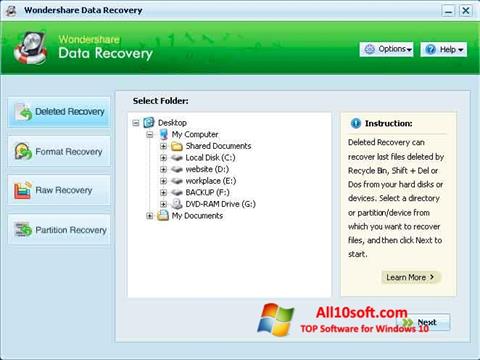 Ekraanipilt Wondershare Data Recovery Windows 10